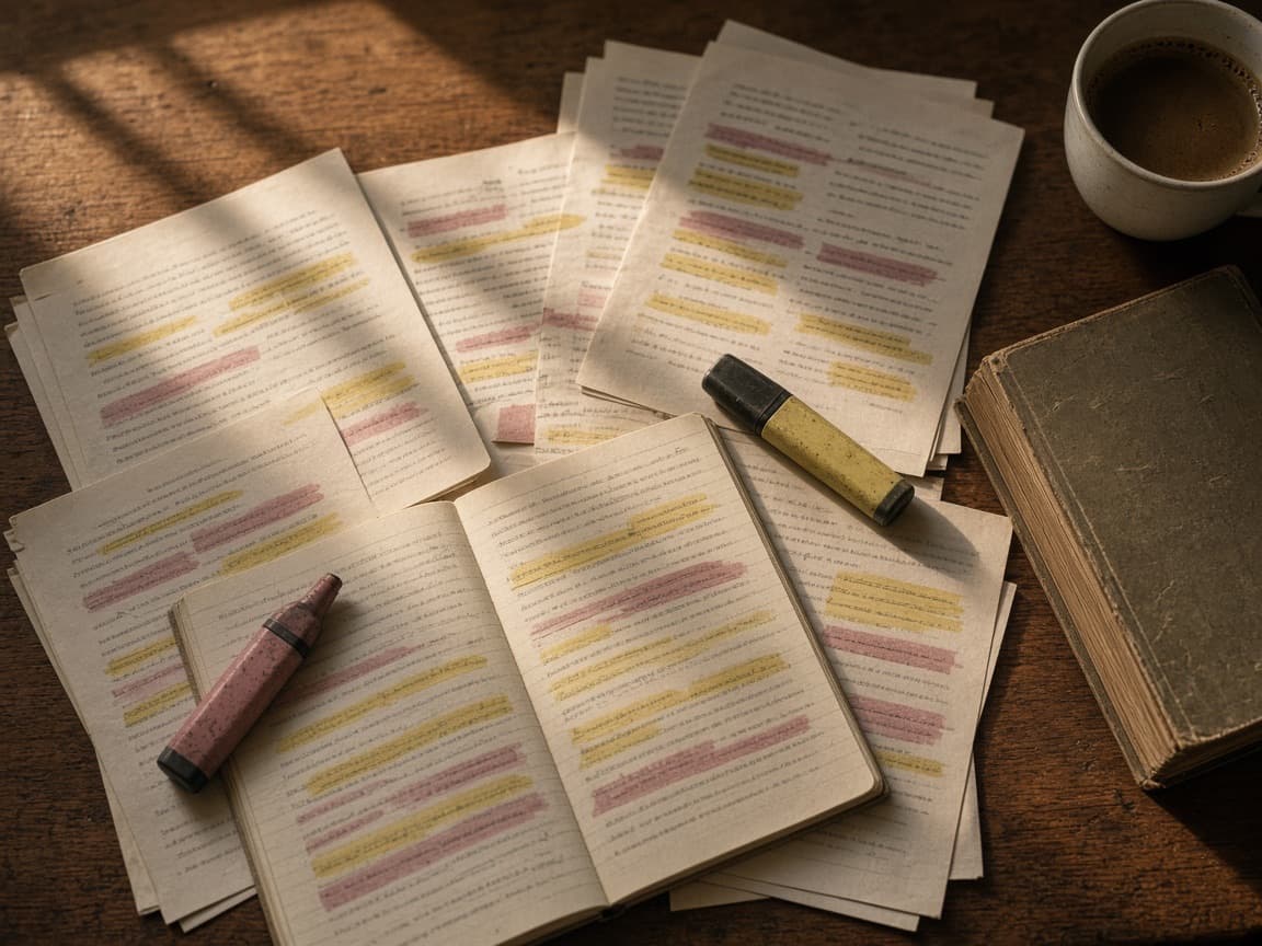 A desk covered in lecture handouts, every line marked in overlapping highlighter.